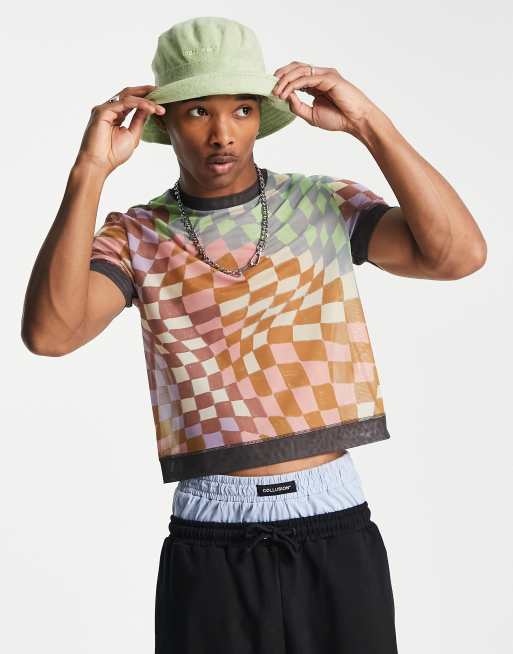 ASOS DESIGN mesh t-shirt with ringer detail in multi grid check