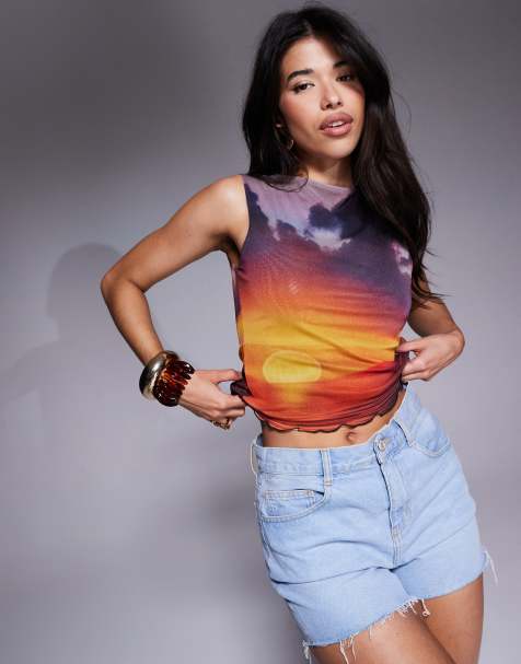 ASOS DESIGN mesh tank top in sunset print - view 1