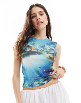 Asos Design Mesh Tank With Ocean Graphic-Multi