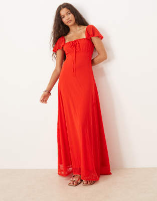 ASOS DESIGN mesh textured milkmaid midi dress in red - view 1
