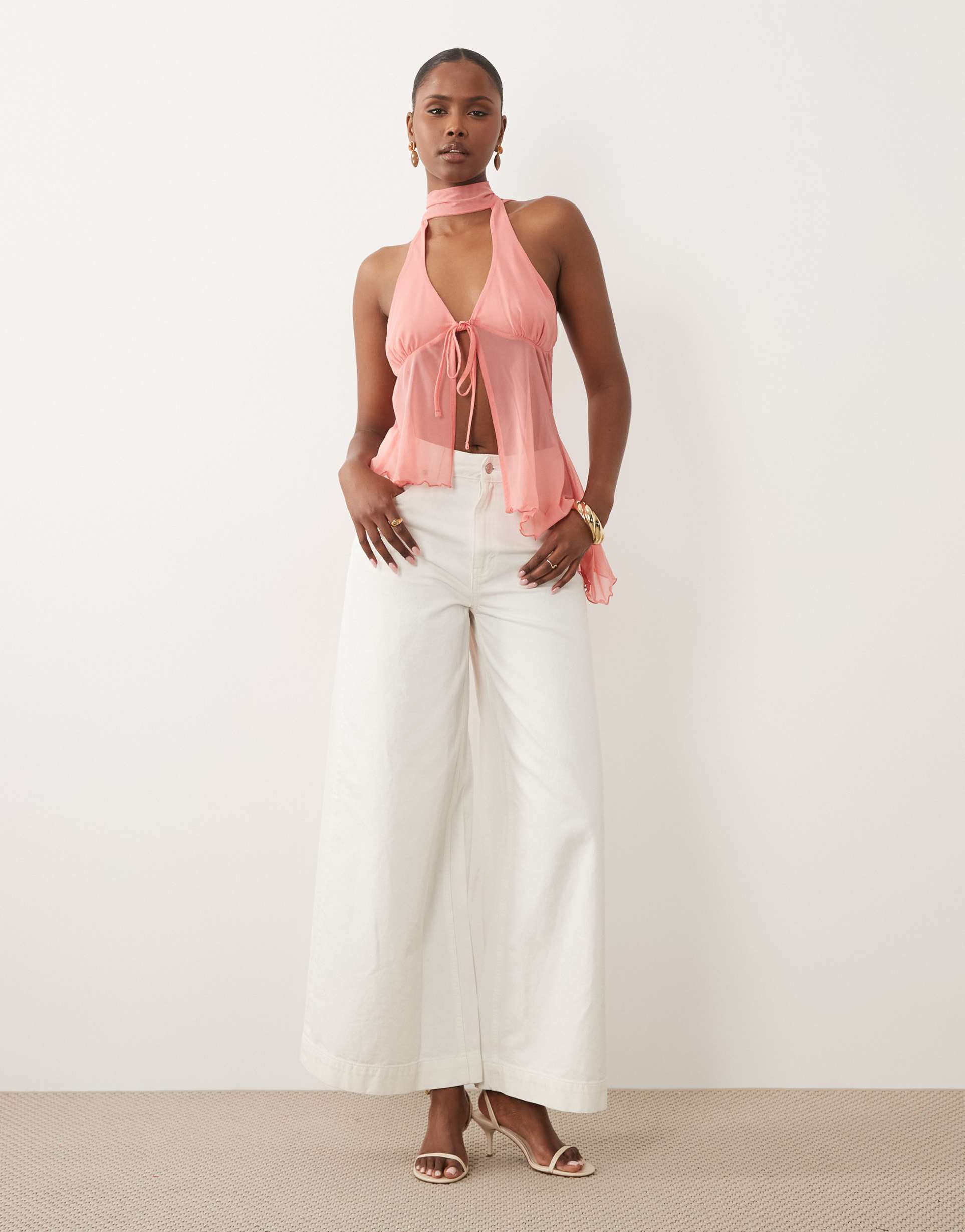 asos design mesh tie front asymmetric hem halter top in pink
