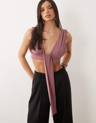 Asos Design Mesh Tie Front Scarf Detail Bralet Top In Purple