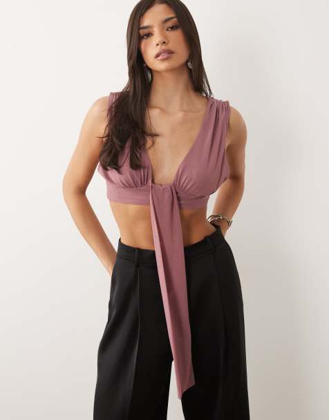 ASOS DESIGN mesh tie front scarf detail bralet top in beige - view 1