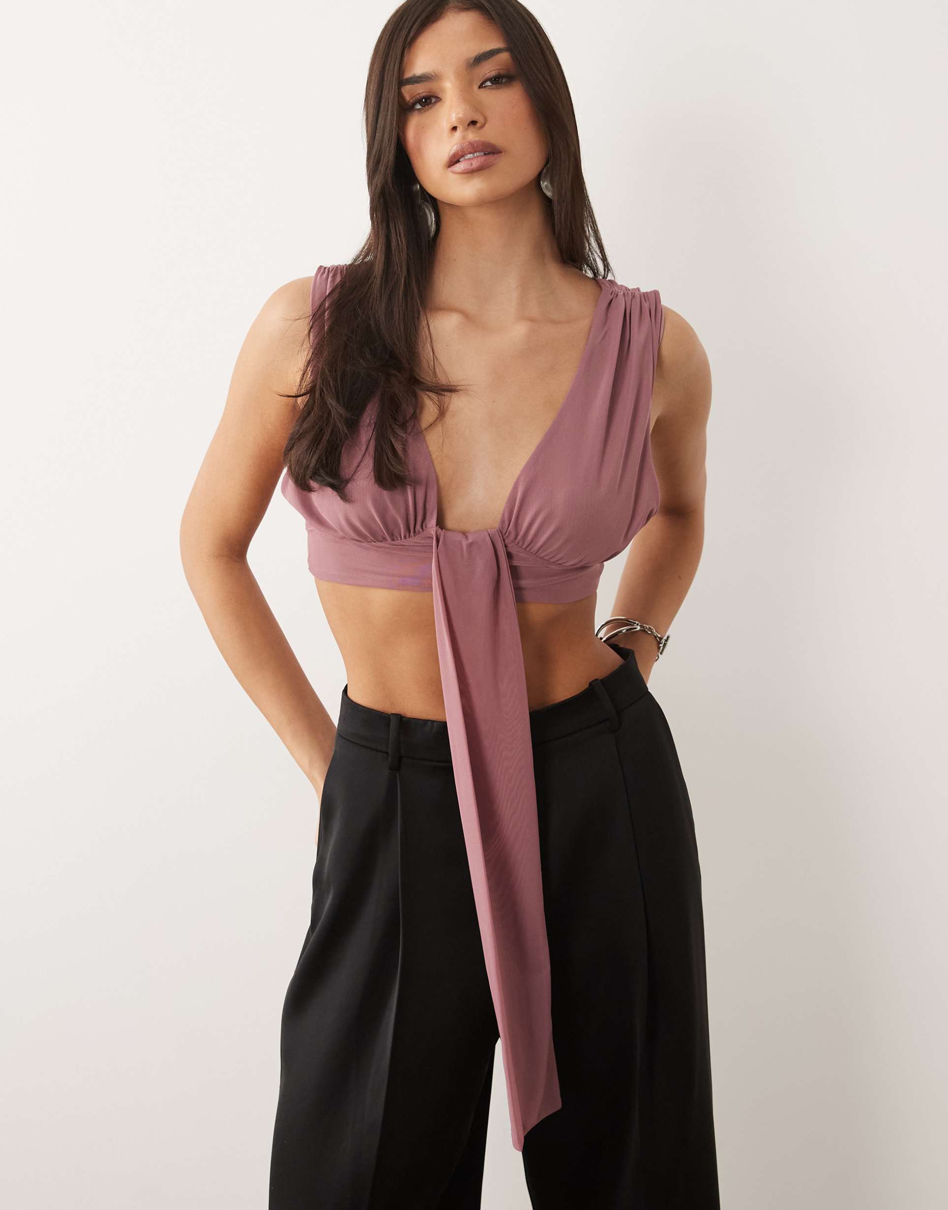 asos design mesh tie front scarf detail bralet top in beige