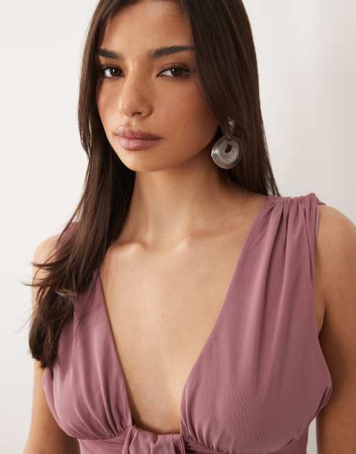 ASOS DESIGN mesh tie front scarf detail bralette top in beige, 4 of 4