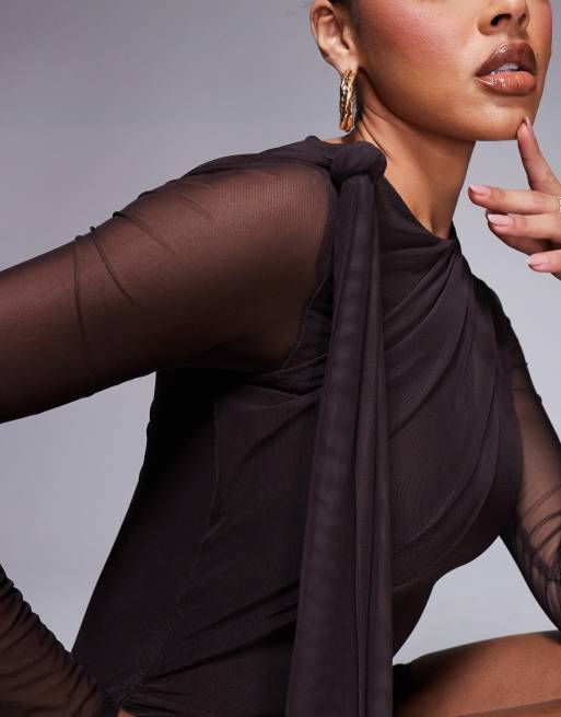 ASOS DESIGN mesh tie shoulder mini dress with knot drape detail in chocolate
