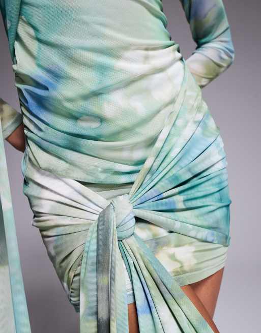 ASOS DESIGN mesh tie shoulder mini dress with knot drape detail in green abstract print