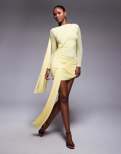 ASOS DESIGN mesh tie shoulder mini dress with knot drape detail in pastel yellow - view 1