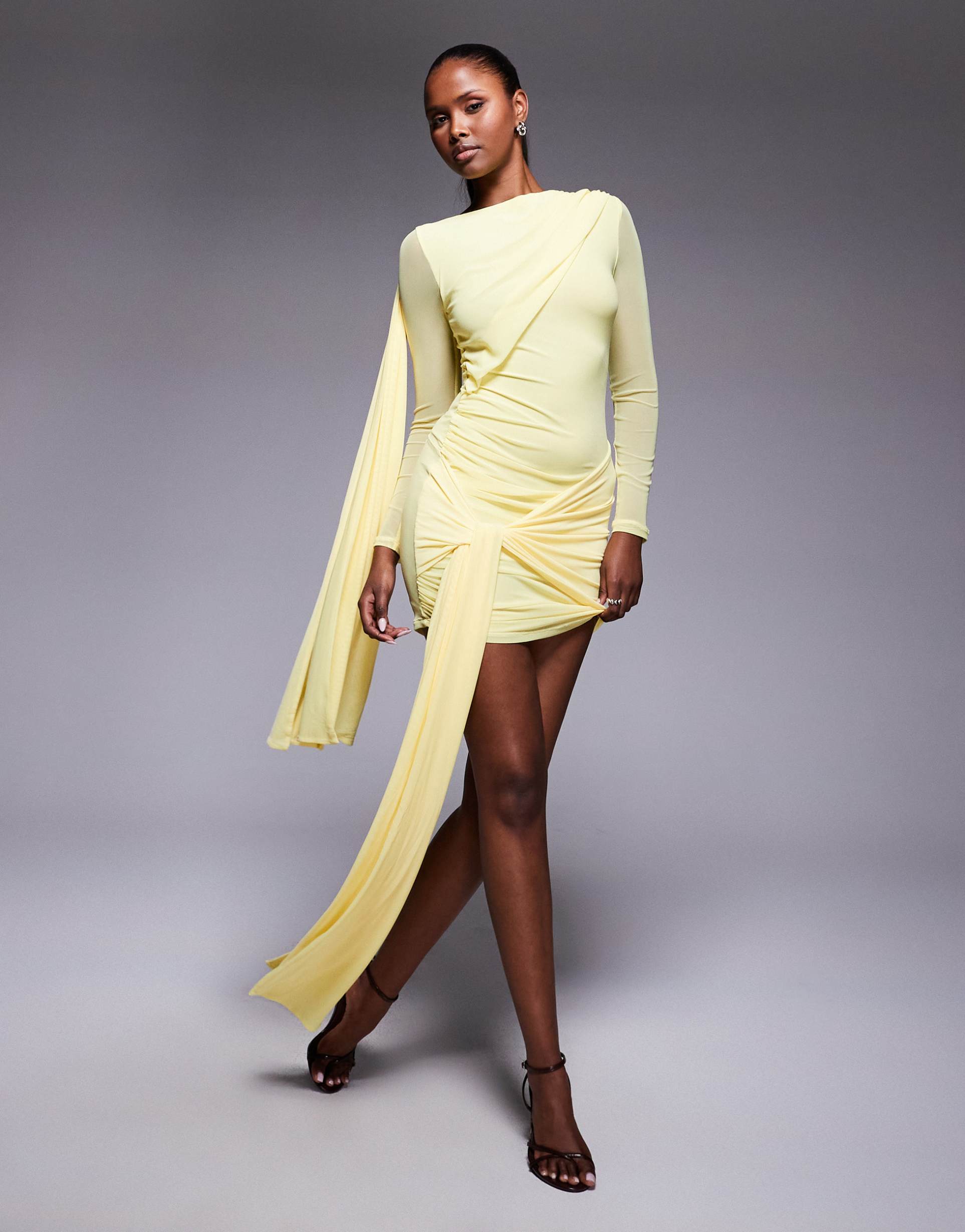 asos design mesh tie shoulder mini dress with knot drape detail in pastel yellow