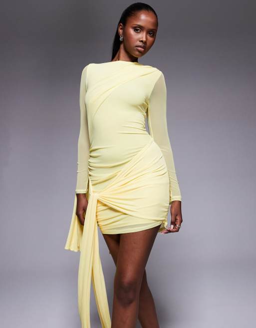 ASOS DESIGN mesh tie shoulder mini dress with knot drape detail in pastel yellow