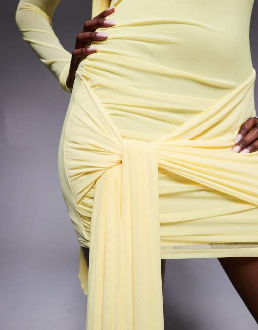 ASOS DESIGN mesh tie shoulder mini dress with knot drape detail in pastel yellow, 3 of 4