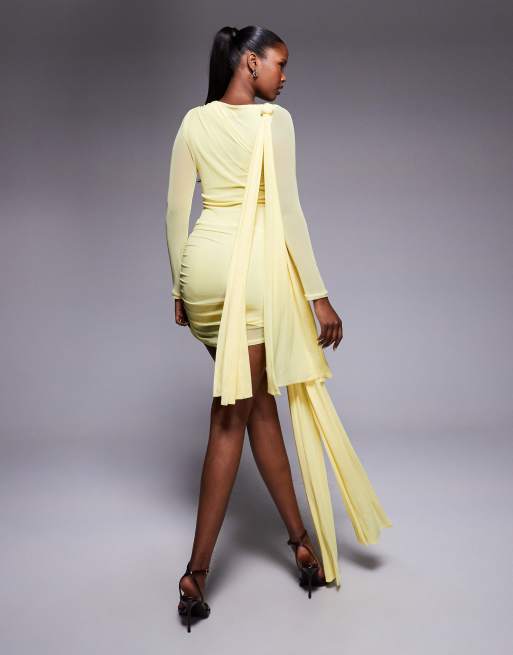 ASOS DESIGN mesh tie shoulder mini dress with knot drape detail in pastel yellow