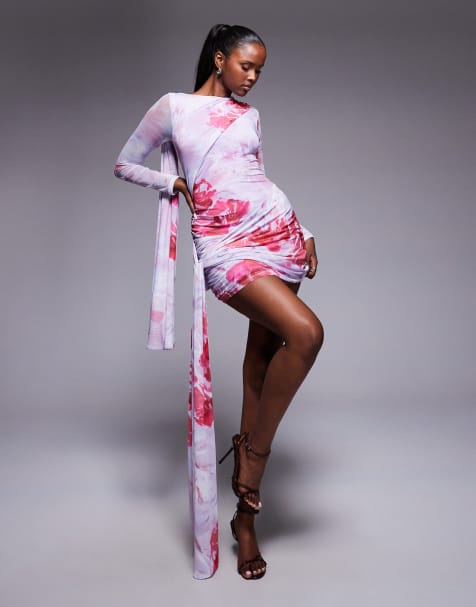 ASOS DESIGN mesh tie shoulder mini dress with knot drape detail in pink floral print - view 1