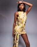 [ASOS DESIGN] ASOS DESIGN mesh tie shoulder mini dress with knot drape detail in yellow floral print-Multi 10 Yellow floral print