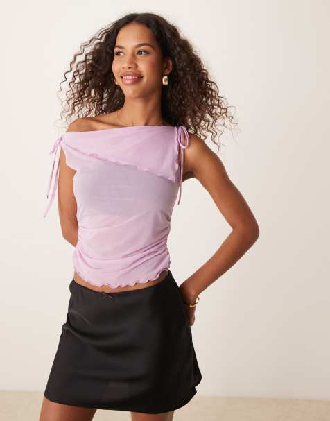 ASOS DESIGN mesh tie shoulder ruched side cowl top in blush pink - view 1