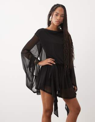 Asos Design Mesh Tie Side Mini Dress With Extreme Sleeve In Black