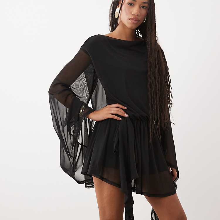 little black dress mesh sleeves Sheer Button Up Mini this dress is sure to turn heads Long Sleeve Contrast Mesh Frill