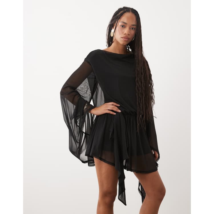 little black dress with mesh sleeves Prickle Thorn Print Puff Sleeve Mini The long sleeves and bodycon silhouette create a flattering Elegant Double-breasted Mesh Sleeve Black