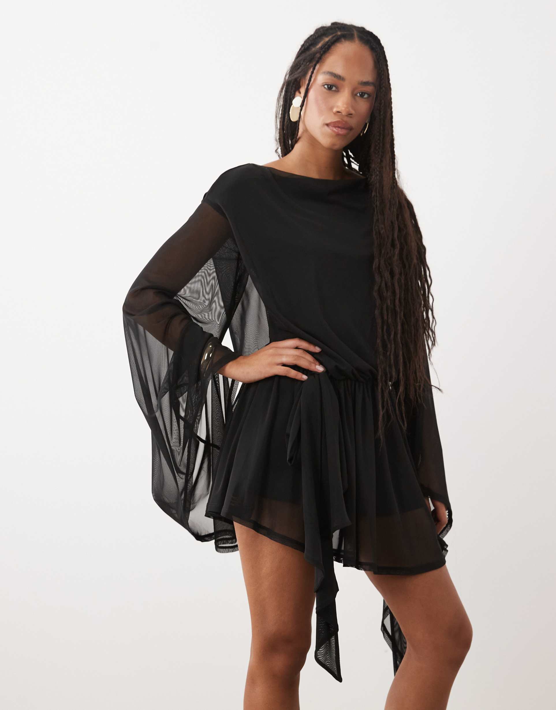 asos design mesh tie side mini dress with extreme sleeve in black