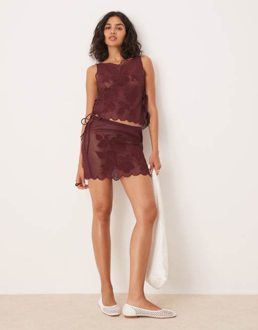 ASOS DESIGN mesh tie side mini skirt in chocolate (part of a set)