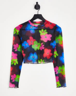 ASOS DESIGN mesh top in bright flower print in black