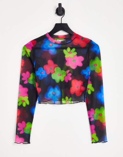 ASOS DESIGN - Mesh top in zwart met felgekleurde bloemenprint