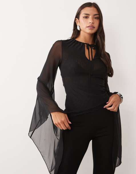 ASOS DESIGN mesh top med asymmetrisk kant, draperet ærme og nøglehul i sort - view 1