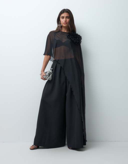 ASOS DESIGN mesh-top med drapering og kappeeffekt med corsage i sort, 1 af 5