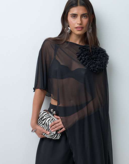 ASOS DESIGN mesh-top med drapering og kappeeffekt med corsage i sort, 2 af 5