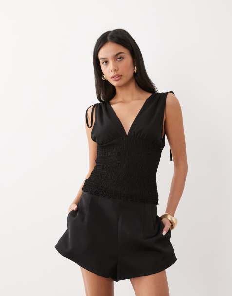 ASOS DESIGN mesh top med rynk og dyb udskæring i sort - view 1