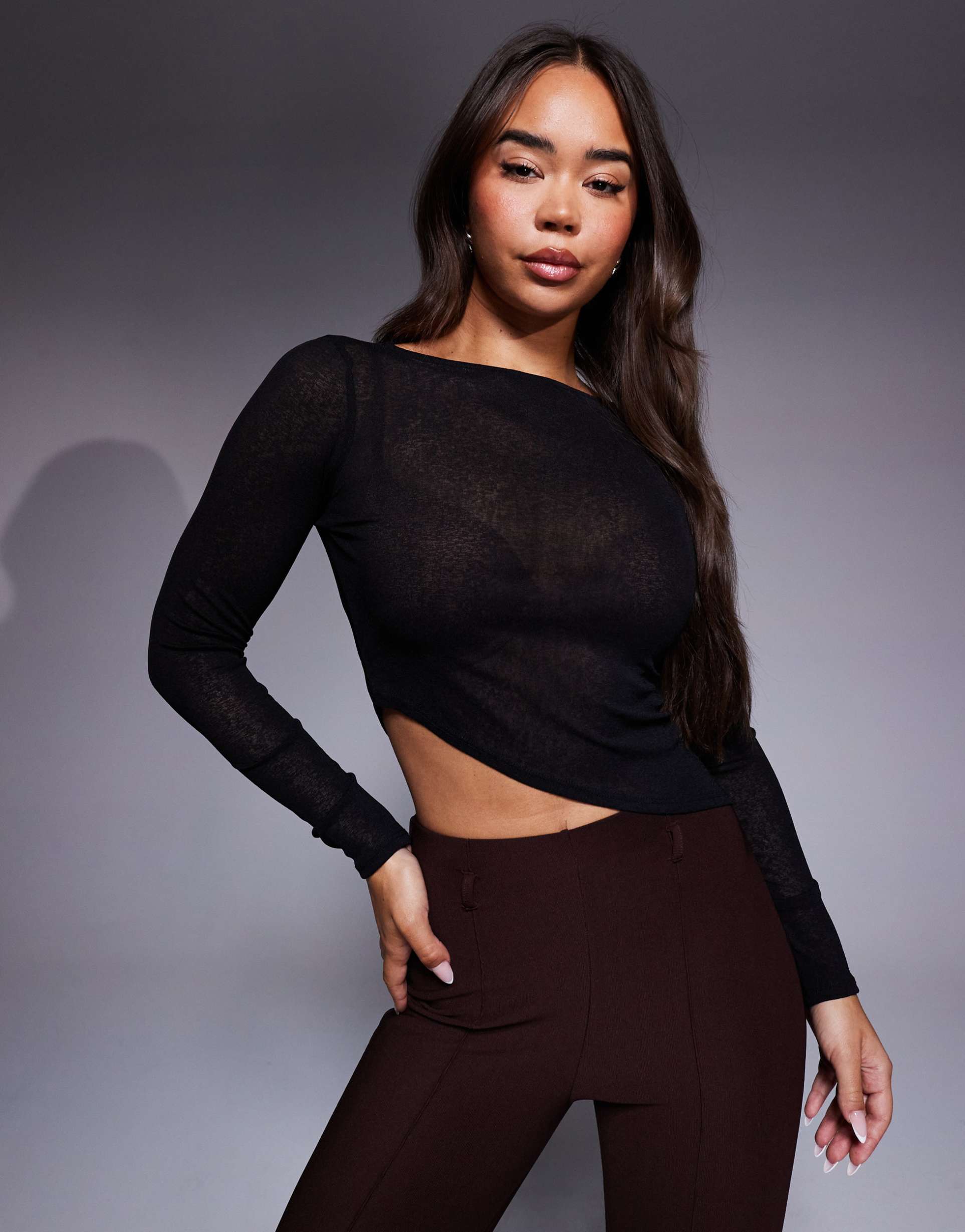 asos design mesh top with asymmetric hem in black