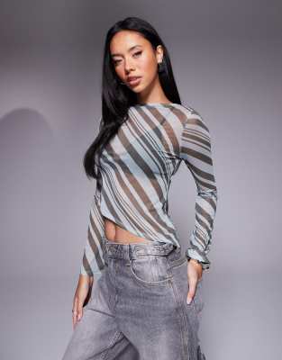 ASOS DESIGN mesh top with asymmetric hem in brown stripe