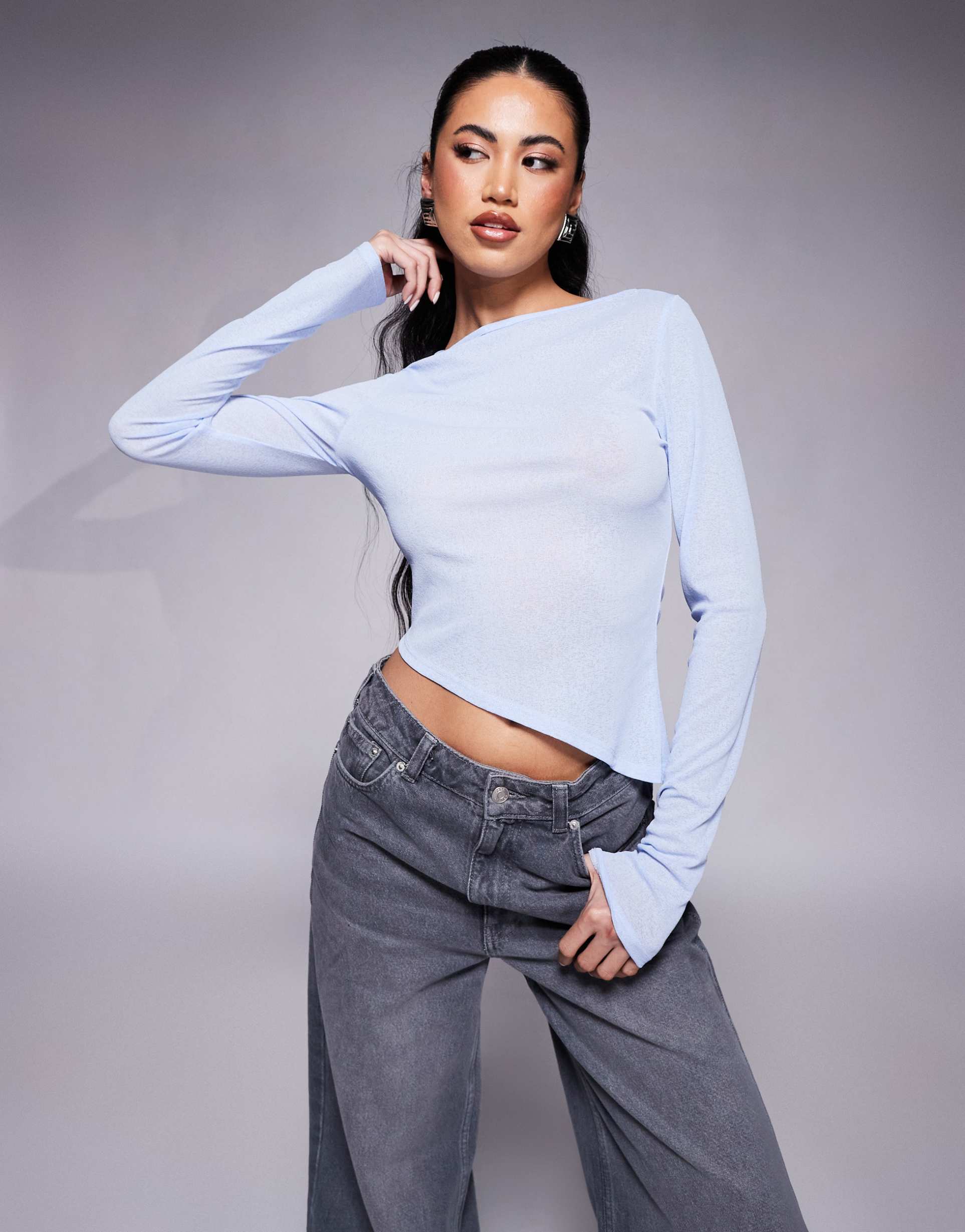 asos design mesh top with asymmetric hem in light blue