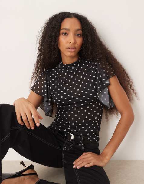 ASOS DESIGN mesh top with floaty sleeve in black polka dot - view 1
