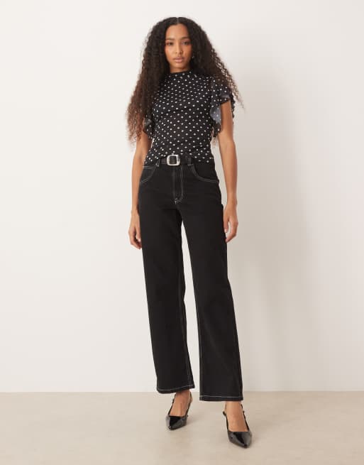 ASOS DESIGN mesh top with floaty sleeve in black polka dot, 2 of 4