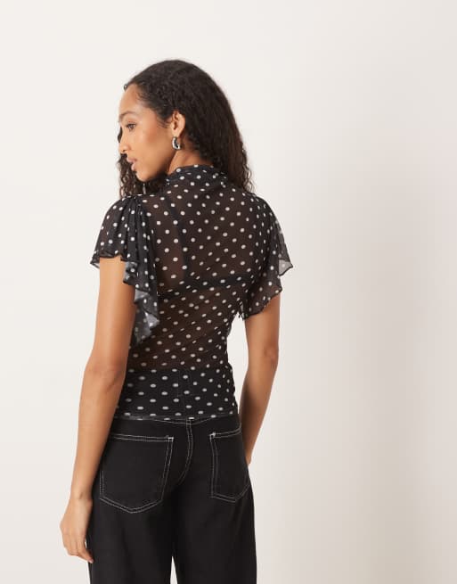 ASOS DESIGN mesh top with floaty sleeve in black polka dot, 4 of 4