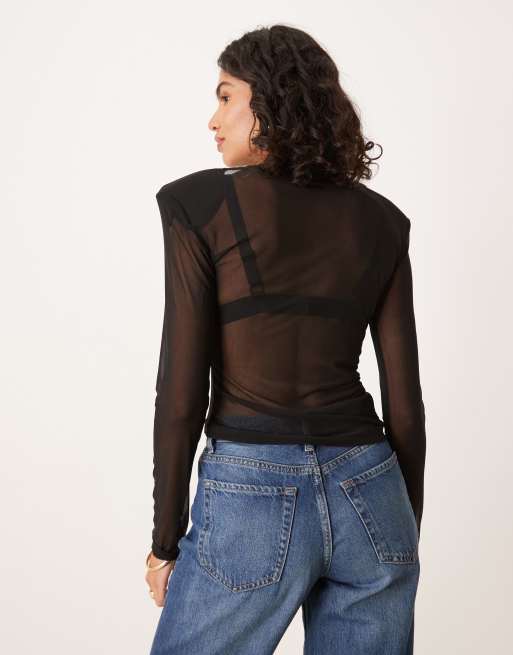 ASOS DESIGN mesh top with shoulder pads in black