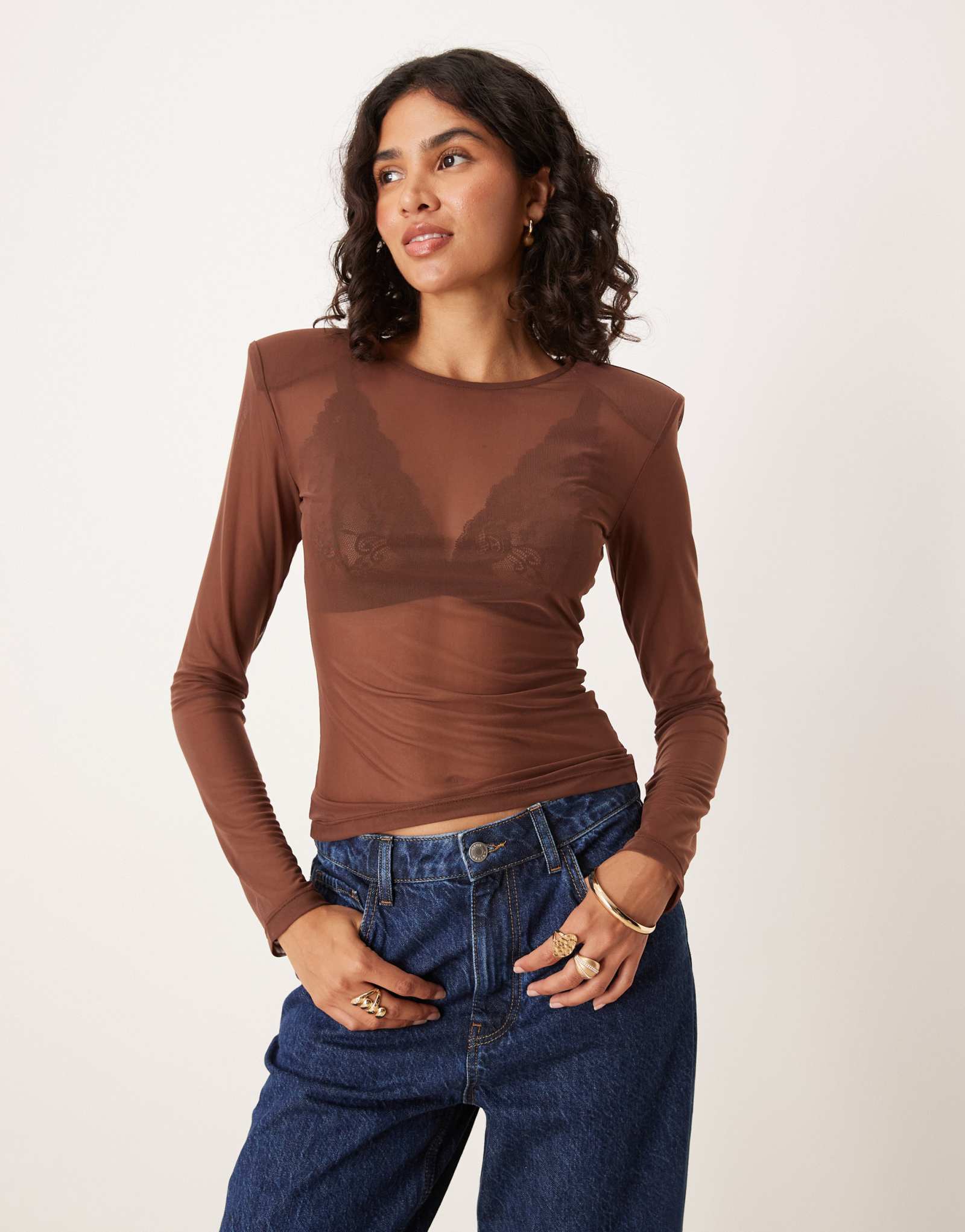 Сетчатый топ ASOS DESIGN с подплечниками коричневого цвета