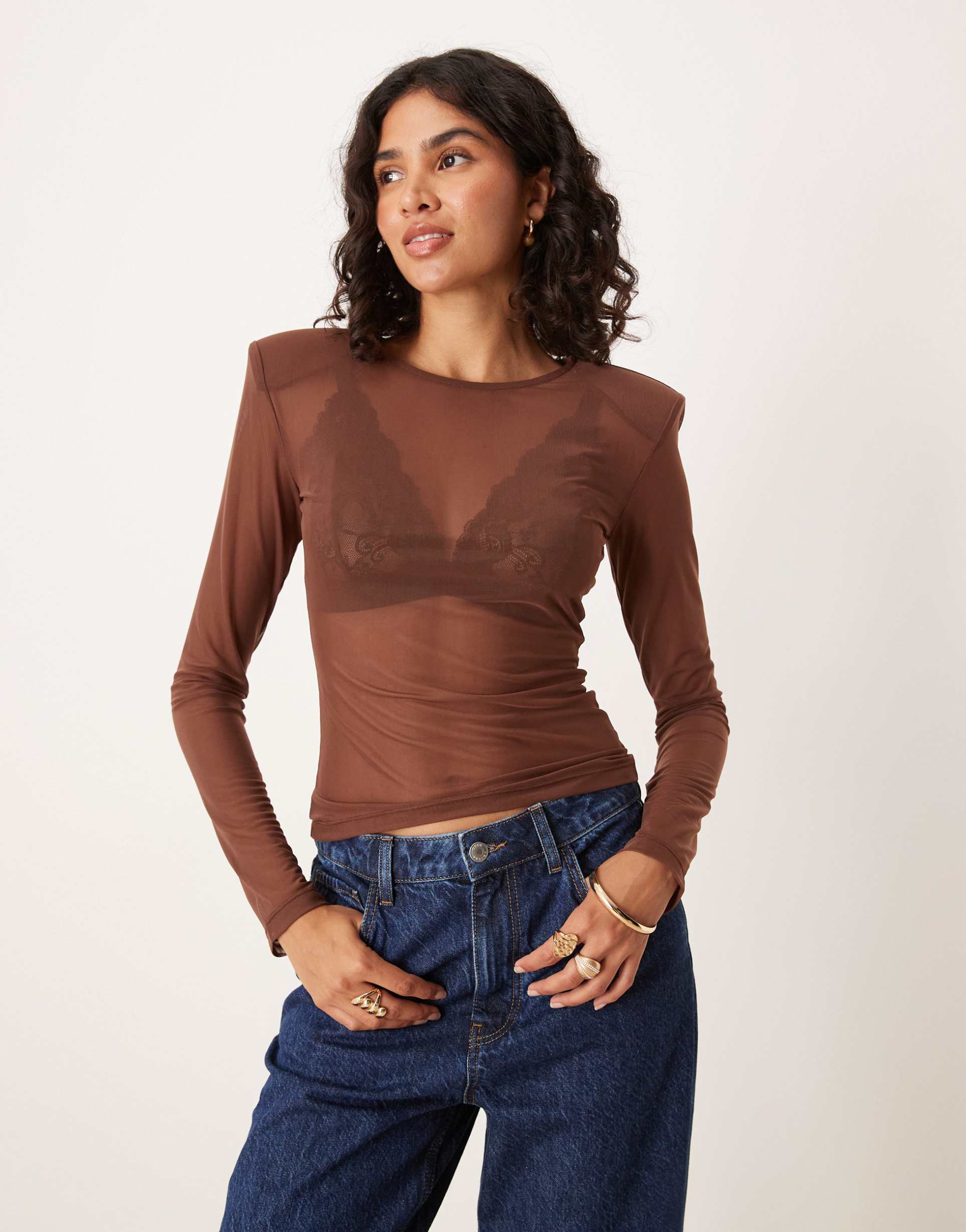 asos design mesh top with shoulder pads in brown