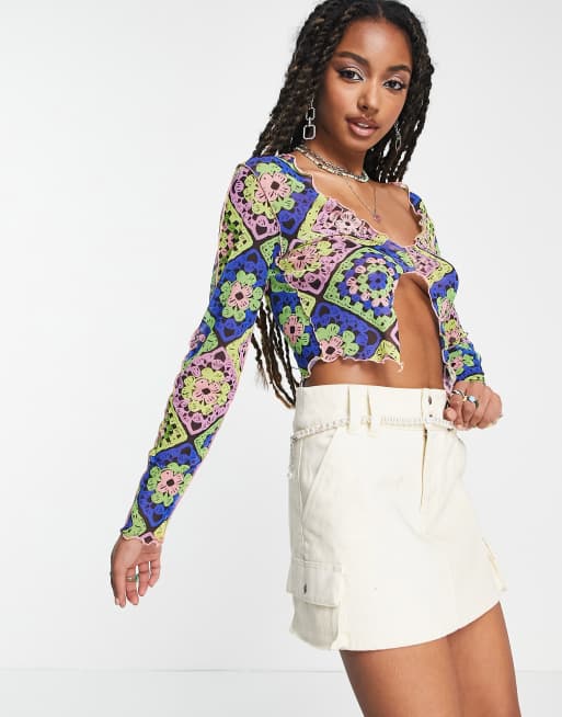 Flower Embroidered Crochet Crop Top, Long Sleeve Crochet Top