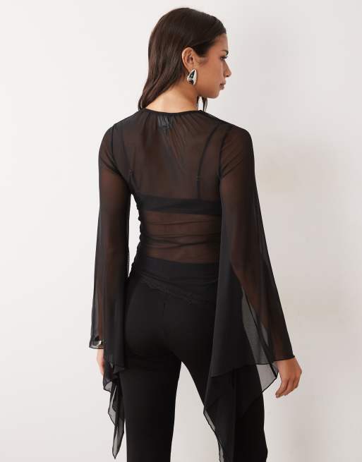 ASOS DESIGN mesh-topp med asymmetrisk fåll, draperad ärm och nyckelhålsöppning i svart, 4 av 4