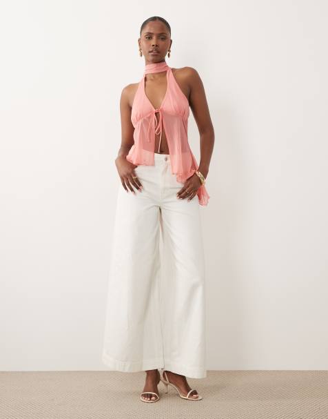 ASOS DESIGN mesh topp med knytning framtill, asymmetrisk fåll och halterneck i rosa - view 1