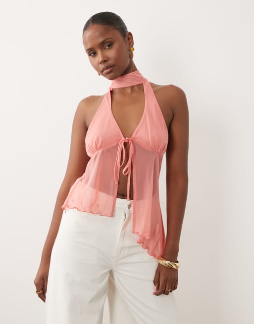 ASOS DESIGN mesh topp med knytning framtill, asymmetrisk fåll och halterneck i rosa, 4 av 4