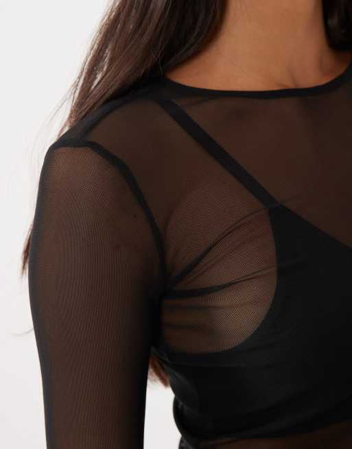 ASOS DESIGN mesh topp med långa ärmar och kort design i svart, 4 av 4