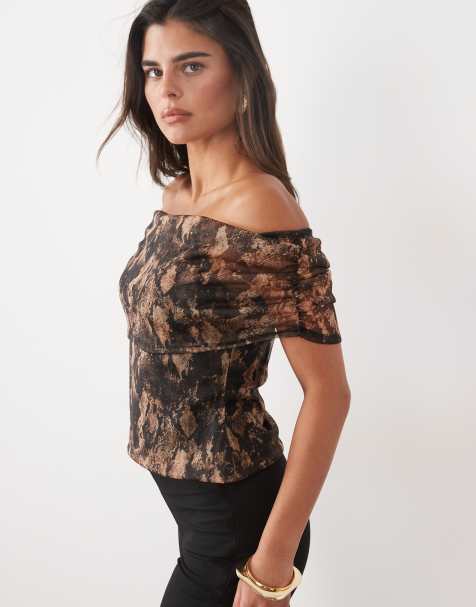 ASOS DESIGN mesh topp med vikbar bardot-ringning och djurmönster - view 1