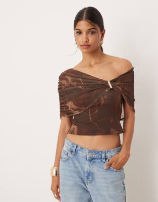 ASOS DESIGN mesh trim detail one shoulder top in floral abstract print-Multi