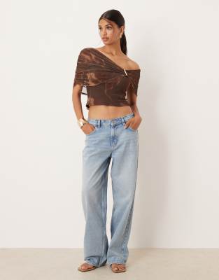 Asos Design Mesh Trim Detail One Shoulder Top In Brown