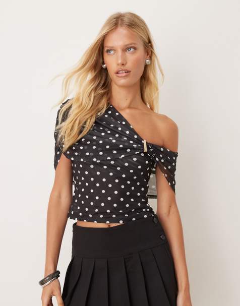 ASOS DESIGN mesh trim detail one-shoulder top in spot print - view 1