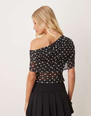 Asos Design Mesh Trim Detail One Shoulder Top In Black
