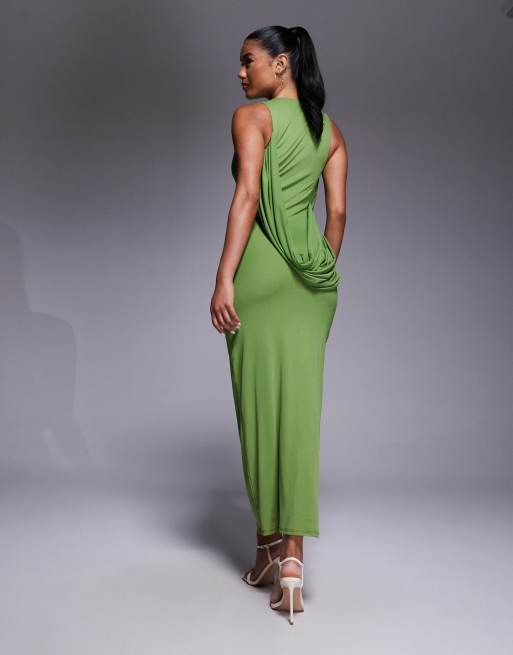 ASOS DESIGN mesh trim waist drape midi dress in green